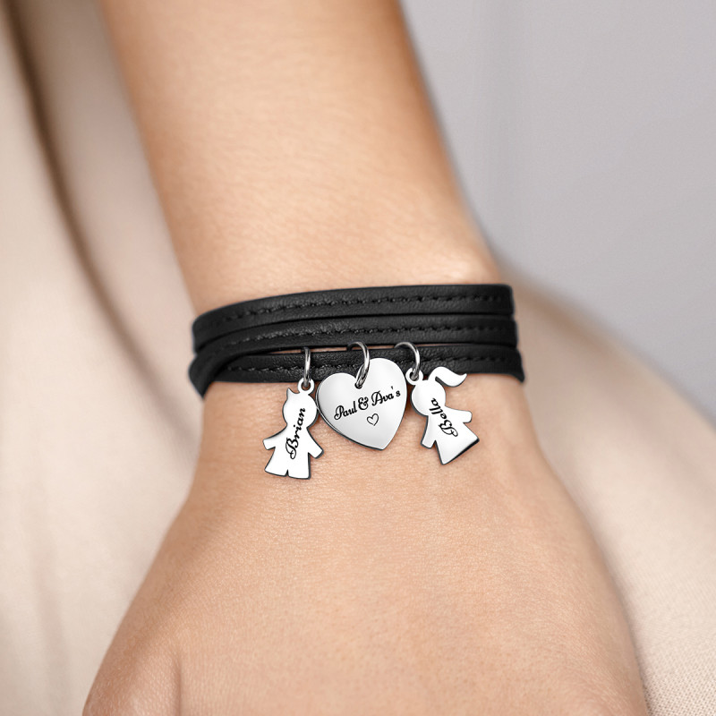 Personalised Son & Daughter Bracelet in Black Leather Personalised Son & Daughter Bracelet in Black Leather